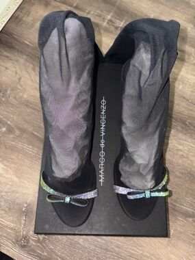 NIB! MARCO de VINCENZO Black Sheer Sock Boot Shoe Swarovski Crystal Size 39